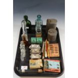 Collectors' items including glass bottles, two oil lamp canisters etc.