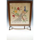 Embroidered oak fire screen / folding table.