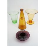 A 1930s controlled bubble green glass vase, a free blown amber glass vase and conical decanter