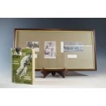[ Cricket / Autograph ] A framed display of three monochrome photographic prints signed in pen and