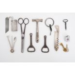 Sundry tools and implements including a survival fire starter, barber's scissors, bottle openers,