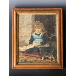 A Victorian hand-tinted etching depicting a young girl in pinafore dress playing with a doll and a