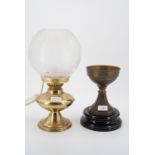 A brass oil lamp with Art Nouveau etched glass shade, converted to electricity, 38 cm, and a 19th