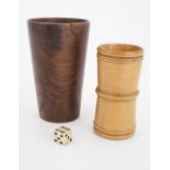 A 19th Century treen dice shaker, bone die and turned wooden beaker