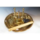 Victorian and later domestic ware including a large brass tray, brass pan, sad iron and stand,