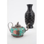 A Chinese black stoneware reticulated vase and a tea pot