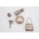 Miniature silver novelties, including a scent bottle, perfume funnel, handbag, and pill box etc,