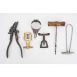 Antique tools including screw presses, a gimlet, small hammer, can spot etc