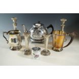 An electroplate tea pot and stand, a pair of candlesticks, and two tankards etc