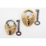 Two Victorian brass padlocks with keys, largest 5 cm