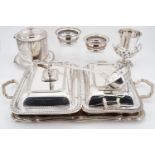 A quantity of quality period electroplate including a tray, two large dishes, campana urn, ladle,