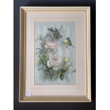 Three vintage sentimental prints depicting birds and flowers, framed and mounted under glass, 56 x