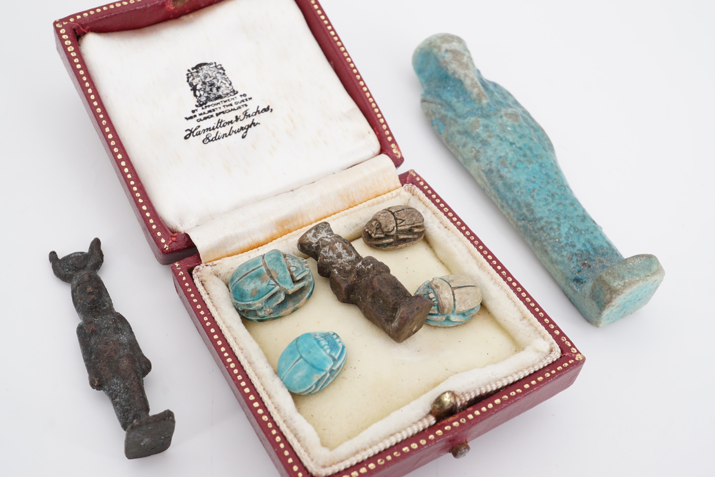 An Egyptian ushabti figurine, two other figures and scarabs - Image 2 of 2