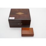 A Victorian inlaid rosewood box and a small mahogany stamp box, former 18 cm x 15 cm x 8.5 cm