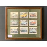 A framed set of Golden Era Mini car cards, 34 cm x 31 cm