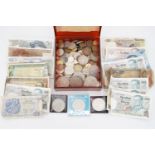 An assortment of GB, European and American coins and banknotes, predominantly mid-20th Century
