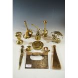 Sundry brass and bronze ware including an Imp paper knife, and weights etc