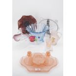 Sundry items of glass including a Victorian opaline basket, cranberry glass salt, carnival glass