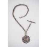 A late 19th / early 20th Century silver graded curb link watch chain and fob, 32 cm, 41 g