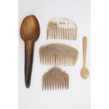 Two antique horn spoons and three horn combs, one comb bearing the engraved inscription "For-Get-