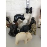 Ceramic, cold-cast bronze and carved alabaster dogs and other animals