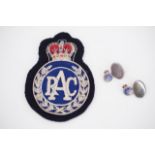 RAC enamelled cuff links together with a bullion-embroidered blazer badge