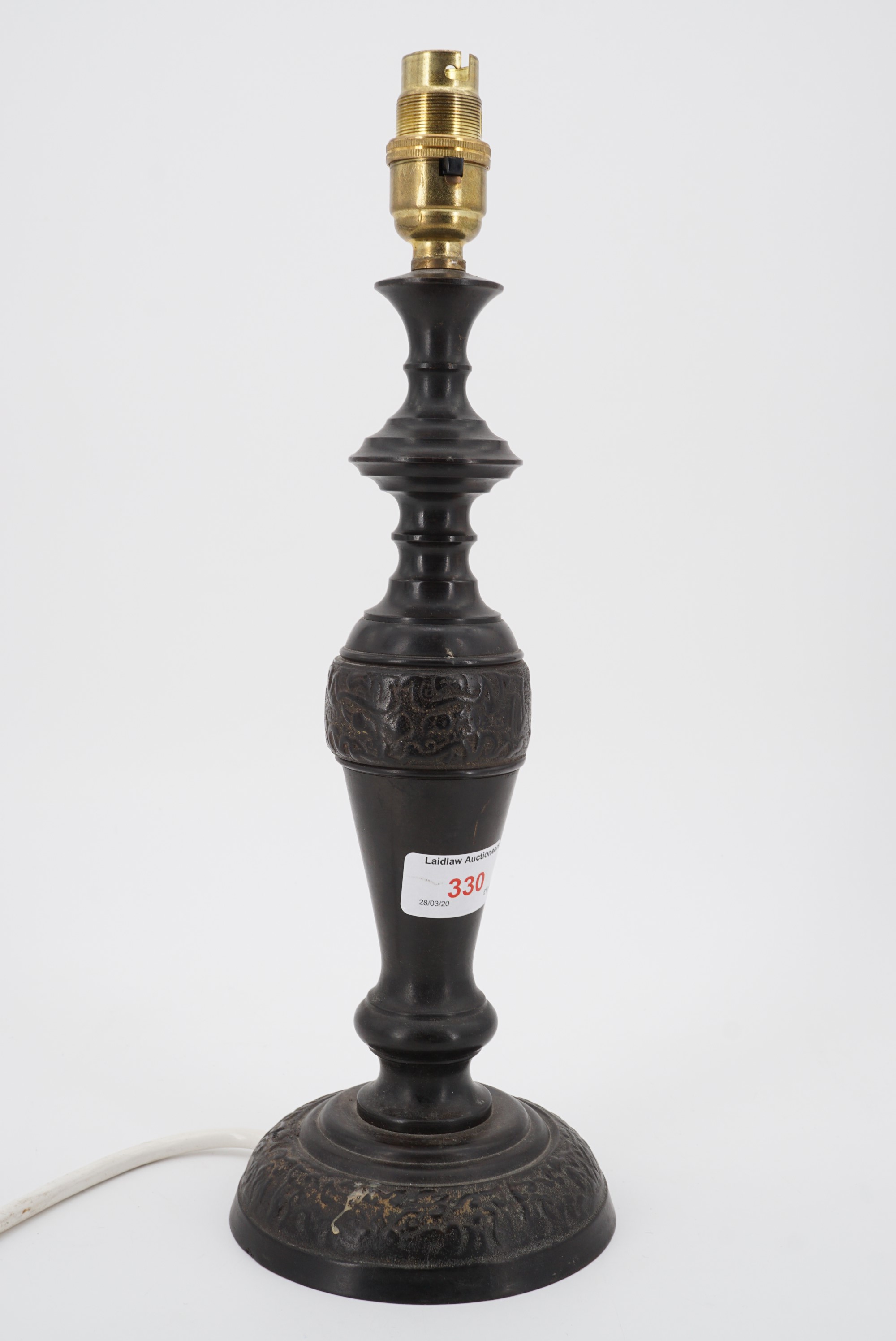A vintage oriental style bronzed table lamp, 37 cm to top of socket