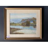 J*** Whittaker (19th Century) River scene with quiescent waters and amethyst tinged peaks,
