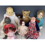 Five vintage dolls and a Teddy bear etc
