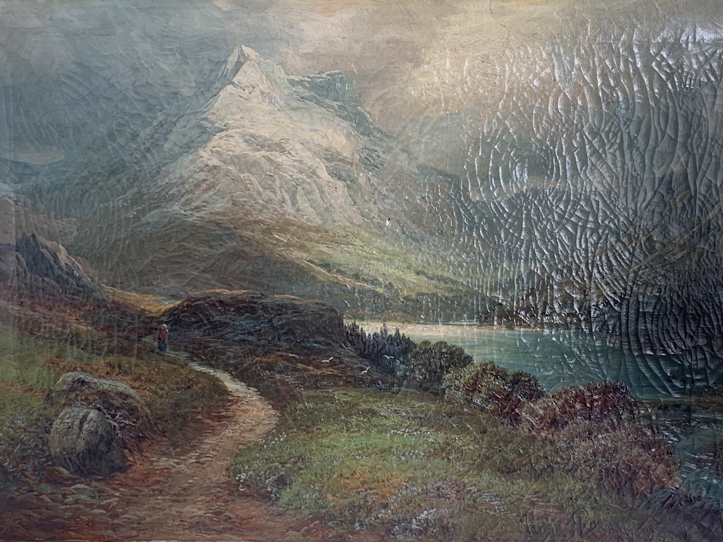 ***** Roe (19th Century) An atmospheric mountain and lake view with a solitary figure on a