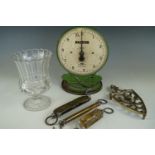 Kitchenalia including Salter No 50 scales, three spring balances, a brass iron stand / trivet and
