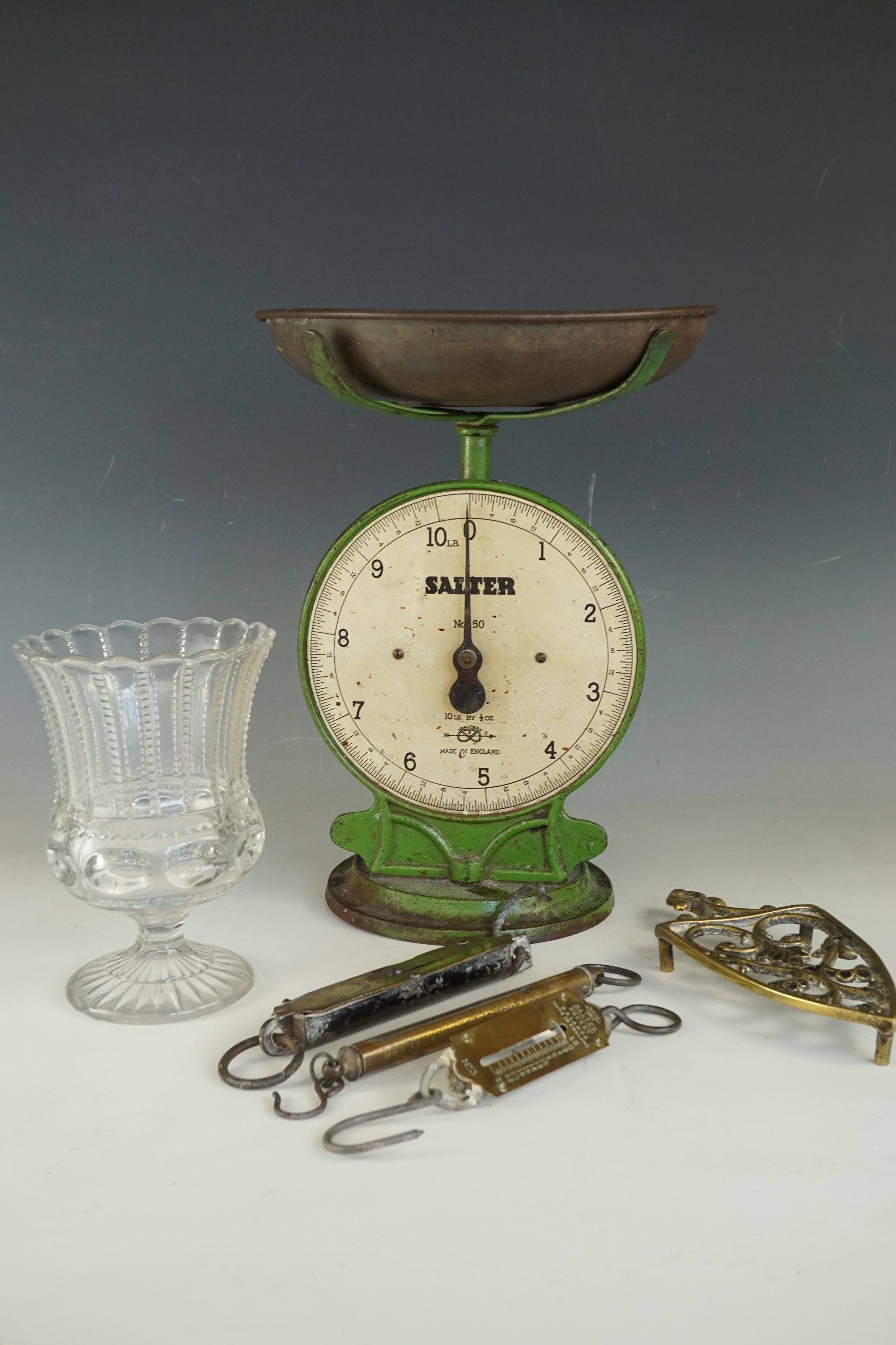 Kitchenalia including Salter No 50 scales, three spring balances, a brass iron stand / trivet and - Image 2 of 3