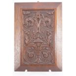 A Victorian baroque-revival finely relief-carved mahogany panel, 31 cm x 21 cm