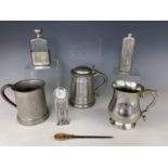 A Charles Rennie Mackintosh Pewter clock and hip flask, one other hip flask, a Mary Rose
