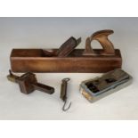 A Record 6" bull nose and shoulder rabbet plane, a wooden jack plane, brass-mounted rosewood