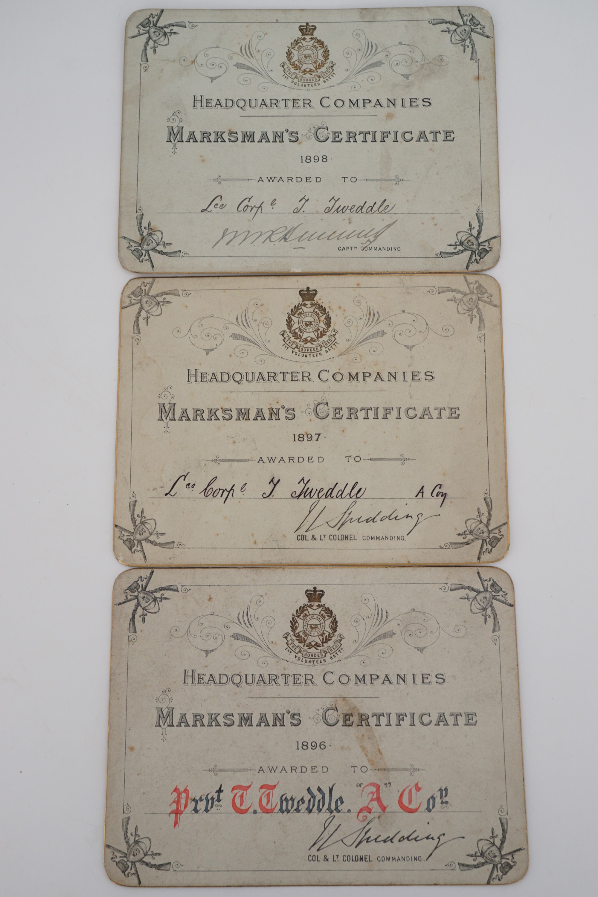 Three Victorian 1st Battalion Border Regiment marksmanship prize award certificate cards