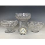 Thomas Webb, Stuart Crystal and Harbridge cut glass bowls together with a Tyrone Crystal clock