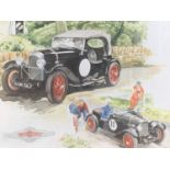 A watercolour study of a 1934 Lagonda Rapier supercharged single-seater sports car, signed with