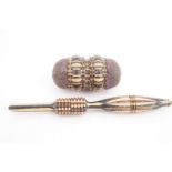 An early Victorian Tunbridge ware pin cushion and stiletto, latter 8 cm