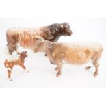 A Beswick shorthorn bull, cow and calf; "CH Gwersylt Lord Oxford 74th" and "CH Eaton Wild Eyes"