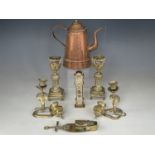 Copper and brass ware including a pair of Indian cobra-form candlesticks