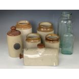 19th Century and later domestic stoneware and glass including a Victorian hot water bottle