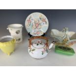 Ceramics including a Kensington Pottery Lupin pattern basket, a Victorian teapot (a/f), Lustre