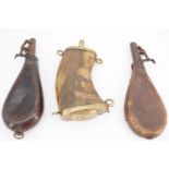 Two leather shot flasks and a brass-mounted horn powder flask