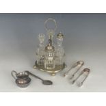 A Victorian cut glass and electroplate cruet set etc