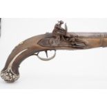 A late 18th Century flintlock holster pistol, having and 11.5 inch barrel, the full stock mounted in