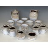 Weston Mill pottery goblets together with earthenware mugs, a jug and coffee pot