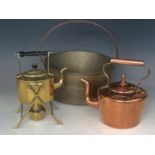 A Victorian brass spirit kettle, a copper kettle and brass jam pan