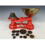 Contemporary Salter red-enamelled and brass kitchen scales with weights
