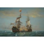 J Harvey (contemporary) An 18th Century sea battle between Men-o-War, acrylic on canvas, 52 cm x